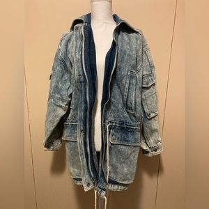 Vintage Women’s Heavy Blue DENIM Acid-Washed COAT Zip Snap Front LOTS of Pockets